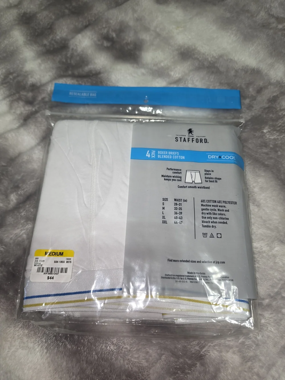 4 Pairs Stafford White Boxer Briefs with Blue Waistband Trim